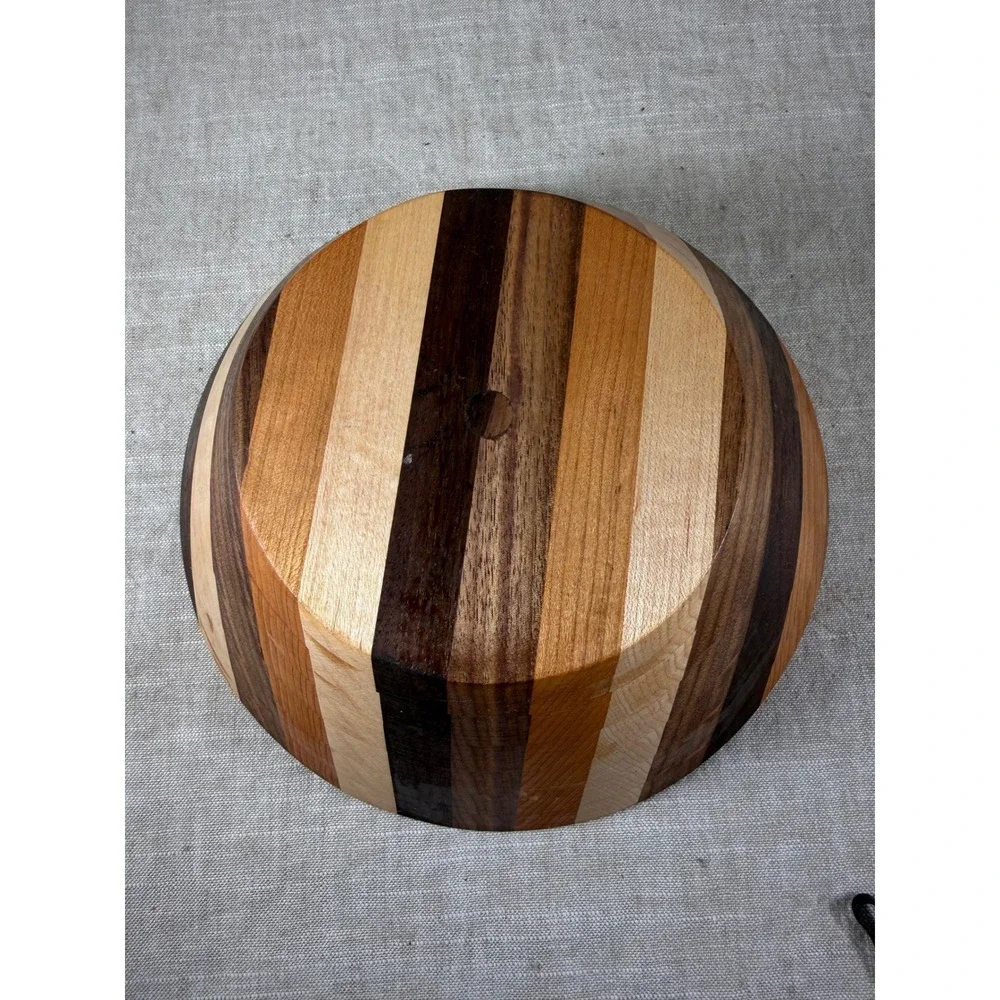 Wooden Striped Bowl Good Vintage Handcrafted Mixed Wood Inlay Geometric 9.5in